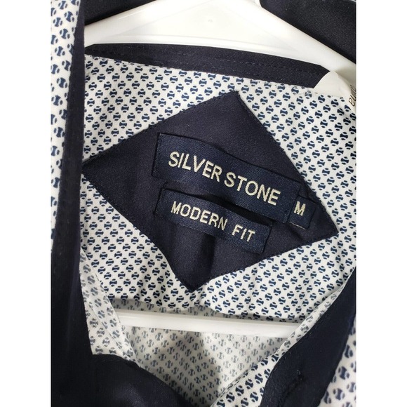 Silverstone Shirt Mens Medium Modern Fit Button Up Collared Blue Cotton Blend - Picture 5 of 13